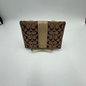 Coach Signature Monogram Bifold Wallet Brown Canvas Metallic Gold Leather Trim
